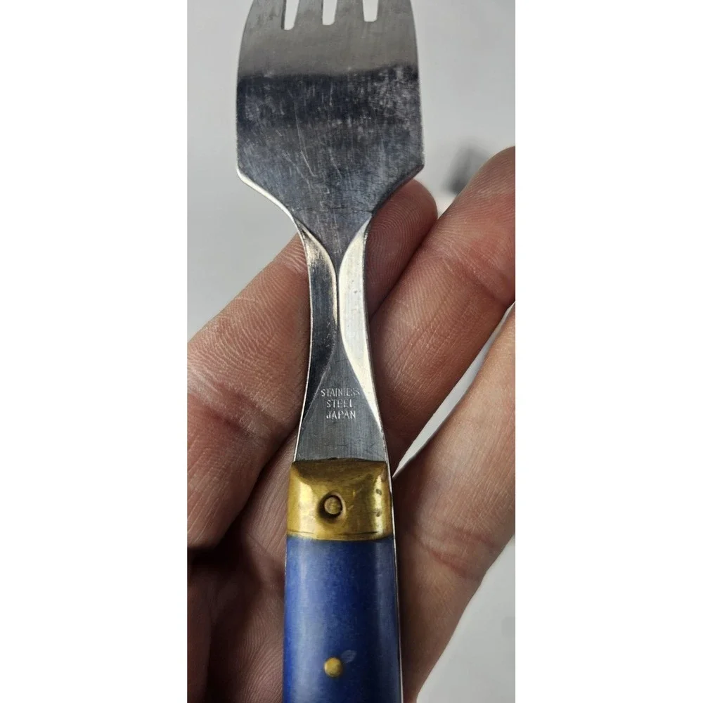 Vintage Japan Fork Set Blue‎ Handle Brass Rivet Melron Style Bistro 6pc
